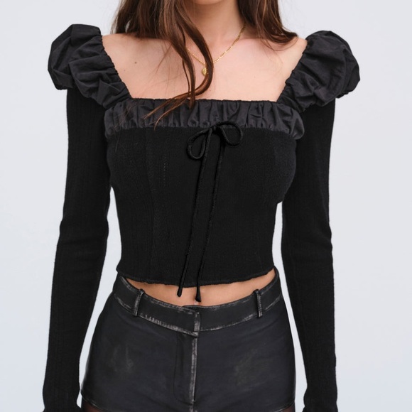 $169 NWT Black For Love And Lemons  “Aliyah” Pointelle Top Sz Small - Picture 1 of 10